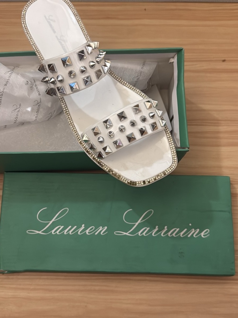 Lauren Lorraine White Studded Double-Strap Slide